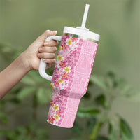 Pastel Magenta Aloha Hawaii Tiki Tumbler With Handle Tropical Plumeria - Seamless Style