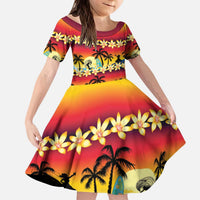 Tropical Islands Sunset Hawaii Kid Short Sleeve Dress Go Surfing With Hula Girl - Summer Vibes LT14 KID Red - Polynesian Pride