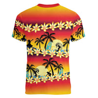 Tropical Islands Sunset Hawaii Women V-Neck T-Shirt Go Surfing With Hula Girl - Summer Vibes
