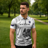 Custom New Zealand Kiwi Football Zipper Polo Shirt Aotearoa Silver Fern - Polynesian Pride