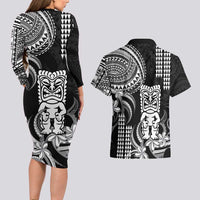 Hawaii Ku God Couples Matching Long Sleeve Bodycon Dress and Hawaiian Shirt Kakau Mix Polynesian Tattoo