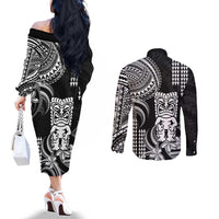 Hawaii Ku God Couples Matching Off The Shoulder Long Sleeve Dress and Long Sleeve Button Shirt Kakau Mix Polynesian Tattoo
