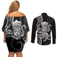 Black Hawaii Kanaloa God Couples Matching Off Shoulder Short Dress and Long Sleeve Button Shirt Hawaiian Octopus