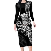 Black Hawaii Kanaloa God Family Matching Long Sleeve Bodycon Dress and Hawaiian Shirt Hawaiian Octopus