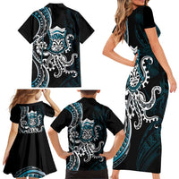 Turquoise Hawaii Kanaloa God Family Matching Short Sleeve Bodycon Dress and Hawaiian Shirt Hawaiian Octopus