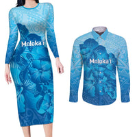 Aloha Hawaii Molokai Island Couples Matching Long Sleeve Bodycon Dress and Long Sleeve Button Shirt Hibiscus Tribal Honu Hawaiian Tattoo
