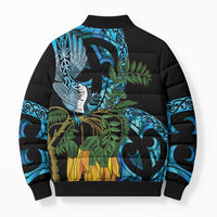 Turquoise New Zealand Kowhai And Piwakawaka Bomber Puffer Jacket Maori Ngaru Paua Shell - Polynesian Pride