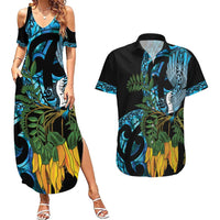 Turquoise New Zealand Kowhai And Piwakawaka Couples Matching Summer Maxi Dress and Hawaiian Shirt Maori Ngaru Paua Shell
