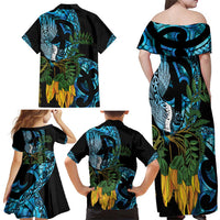 Turquoise New Zealand Kowhai And Piwakawaka Family Matching Off Shoulder Maxi Dress and Hawaiian Shirt Maori Ngaru Paua Shell LT14 - Polynesian Pride