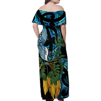 Turquoise New Zealand Kowhai And Piwakawaka Family Matching Off Shoulder Maxi Dress and Hawaiian Shirt Maori Ngaru Paua Shell LT14 - Polynesian Pride