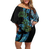 Turquoise New Zealand Kowhai And Piwakawaka Family Matching Off Shoulder Short Dress and Hawaiian Shirt Maori Ngaru Paua Shell LT14 Mom's Dress Turquoise - Polynesian Pride