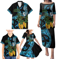 Turquoise New Zealand Kowhai And Piwakawaka Family Matching Puletasi and Hawaiian Shirt Maori Ngaru Paua Shell