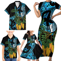 Turquoise New Zealand Kowhai And Piwakawaka Family Matching Short Sleeve Bodycon Dress and Hawaiian Shirt Maori Ngaru Paua Shell