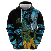 Turquoise New Zealand Kowhai And Piwakawaka Hoodie Maori Ngaru Paua Shell