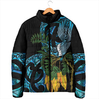 Turquoise New Zealand Kowhai And Piwakawaka Padded Jacket Maori Ngaru Paua Shell - Polynesian Pride