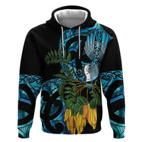 Turquoise New Zealand Kowhai And Piwakawaka Zip Hoodie Maori Ngaru Paua Shell