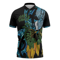 Turquoise New Zealand Kowhai And Piwakawaka Zipper Polo Shirt Maori Ngaru Paua Shell - Polynesian Pride