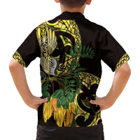 Yellow New Zealand Kowhai And Piwakawaka Family Matching Off The Shoulder Long Sleeve Dress and Hawaiian Shirt Maori Ngaru Paua Shell