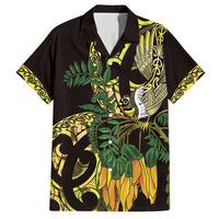Yellow New Zealand Kowhai And Piwakawaka Family Matching Off Shoulder Short Dress and Hawaiian Shirt Maori Ngaru Paua Shell