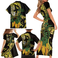 Yellow New Zealand Kowhai And Piwakawaka Family Matching Short Sleeve Bodycon Dress and Hawaiian Shirt Maori Ngaru Paua Shell