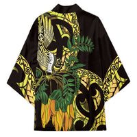 Yellow New Zealand Kowhai And Piwakawaka Kimono Maori Ngaru Paua Shell - Polynesian Pride