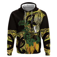 Yellow New Zealand Kowhai And Piwakawaka Zip Hoodie Maori Ngaru Paua Shell