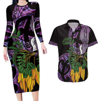 Purple New Zealand Kowhai And Piwakawaka Couples Matching Long Sleeve Bodycon Dress and Hawaiian Shirt Maori Ngaru Paua Shell
