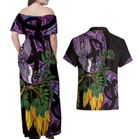 Purple New Zealand Kowhai And Piwakawaka Couples Matching Off Shoulder Maxi Dress and Hawaiian Shirt Maori Ngaru Paua Shell