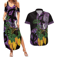 Purple New Zealand Kowhai And Piwakawaka Couples Matching Summer Maxi Dress and Hawaiian Shirt Maori Ngaru Paua Shell