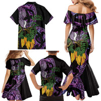 Purple New Zealand Kowhai And Piwakawaka Family Matching Mermaid Dress and Hawaiian Shirt Maori Ngaru Paua Shell