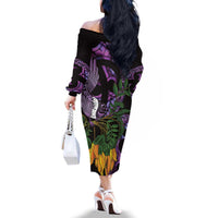 Purple New Zealand Kowhai And Piwakawaka Family Matching Off The Shoulder Long Sleeve Dress and Hawaiian Shirt Maori Ngaru Paua Shell