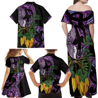 Purple New Zealand Kowhai And Piwakawaka Family Matching Off Shoulder Maxi Dress and Hawaiian Shirt Maori Ngaru Paua Shell