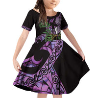 Purple New Zealand Kowhai And Piwakawaka Family Matching Off Shoulder Short Dress and Hawaiian Shirt Maori Ngaru Paua Shell LT14 Daughter's Dress Purple - Polynesian Pride