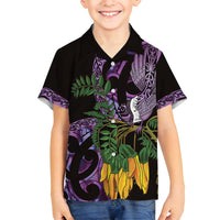 Purple New Zealand Kowhai And Piwakawaka Family Matching Off Shoulder Short Dress and Hawaiian Shirt Maori Ngaru Paua Shell LT14 Son's Shirt Purple - Polynesian Pride