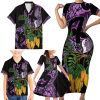 Purple New Zealand Kowhai And Piwakawaka Family Matching Short Sleeve Bodycon Dress and Hawaiian Shirt Maori Ngaru Paua Shell