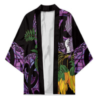 Purple New Zealand Kowhai And Piwakawaka Kimono Maori Ngaru Paua Shell - Polynesian Pride