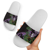 Purple New Zealand Kowhai And Piwakawaka Slide Sandals Maori Ngaru Paua Shell - Polynesian Pride