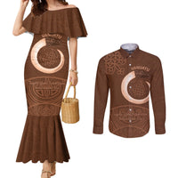 Vanuatu Indipendens Dei Couples Matching Mermaid Dress and Long Sleeve Button Shirt Yumi Sand Drawing Turtle Mix Lapita LT14 Brown - Polynesian Pride
