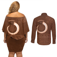 Vanuatu Indipendens Dei Couples Matching Off Shoulder Short Dress and Long Sleeve Button Shirt Yumi Sand Drawing Turtle Mix Lapita LT14 - Polynesian Pride