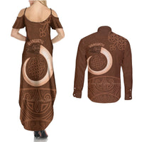 Vanuatu Indipendens Dei Couples Matching Summer Maxi Dress and Long Sleeve Button Shirt Yumi Sand Drawing Turtle Mix Lapita LT14 - Polynesian Pride
