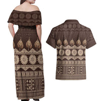 Bula Fiji Iri ni Meke Couples Matching Off Shoulder Maxi Dress and Hawaiian Shirt Kuvui Fijian Masi - Polynesian Pride