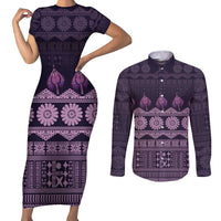 Bula Fiji Iri ni Meke Couples Matching Short Sleeve Bodycon Dress and Long Sleeve Button Shirt Lokaloka Fijian Masi LT14 Purple - Polynesian Pride