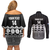 Fiji Tapa Rugby Custom Couples Matching Off Shoulder Short Dress and Long Sleeve Button Shirt Go Fijiana - Polynesian Pride