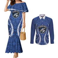 Auckland 2026 Rugby Custom Couples Matching Mermaid Dress and Long Sleeve Button Shirt NZ Maori Silver Fern LT14 Blue - Polynesian Pride