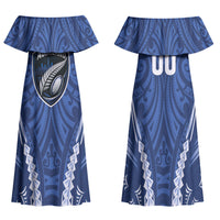Auckland 2026 Rugby Custom Family Matching Off Shoulder Maxi Dress and Hawaiian Shirt NZ Maori Silver Fern LT14 Mom's Dress Blue - Polynesian Pride