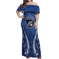 Auckland 2026 Rugby Custom Off Shoulder Maxi Dress NZ Maori Silver Fern LT14 Women Blue - Polynesian Pride
