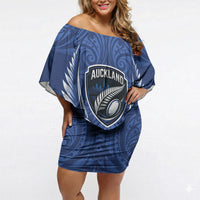 Auckland 2026 Rugby Custom Off Shoulder Short Dress NZ Maori Silver Fern LT14 Women Blue - Polynesian Pride