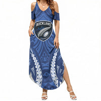 Auckland 2026 Rugby Custom Summer Maxi Dress NZ Maori Silver Fern LT14 Women Blue - Polynesian Pride