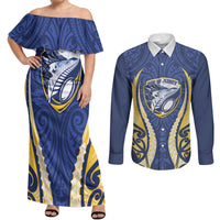 Bay of Plenty 2026 Rugby Custom Couples Matching Off Shoulder Maxi Dress and Long Sleeve Button Shirt NZ Maori Silver Fern LT14 Blue - Polynesian Pride