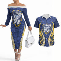 Bay of Plenty 2026 Rugby Custom Couples Matching Off The Shoulder Long Sleeve Dress and Hawaiian Shirt NZ Maori Silver Fern LT14 Blue - Polynesian Pride